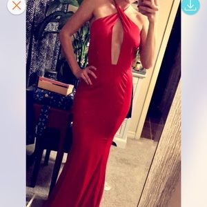 Red Halter Tie Back Formal Dress